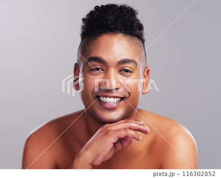 Gay man, portrait and skincare in studio with daydream, happy and cosmetics for thinking by grey background. Queer person, lgbtq model body care and cosmetology, trendy and creativity for makeup Gay man, portrait and skincare in studio with daydream, happy and cosmetics for thinking by grey background. Queer person, lgbtq model body care and cosmetology, trendy and creativity for makeup 116302852
