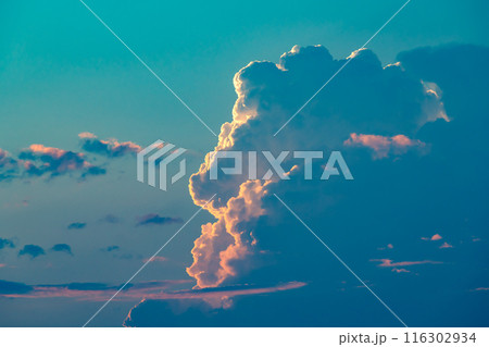 夏の夕暮れの北の空に湧き上がる積乱雲　a-3 シアン色 116302934