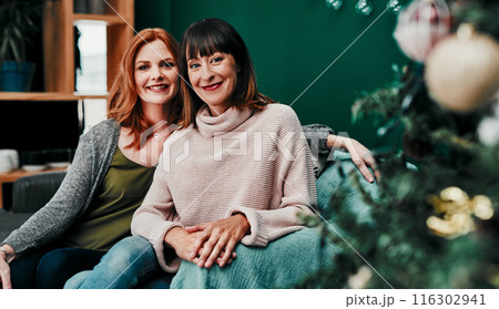 Portrait, friends and women on couch, Christmas and smile for girls, vacation and reunion in home. Lounge, face and happy for celebration of festive, together and warm in sofa and tree in apartment 116302941