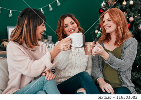 Coffee, cheers and women on couch with smile for celebration, holidays and reunion in home. Friends, Christmas and together in living room for vacation, connection and toast with tea in apartment 116303082