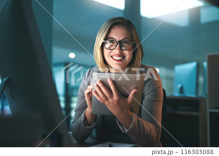 Woman, employee and smile with tablet in office for internet, online and research for ideas. Female person, happy and portrait in confidence for career or job opportunity, growth and proud as hr 116303088