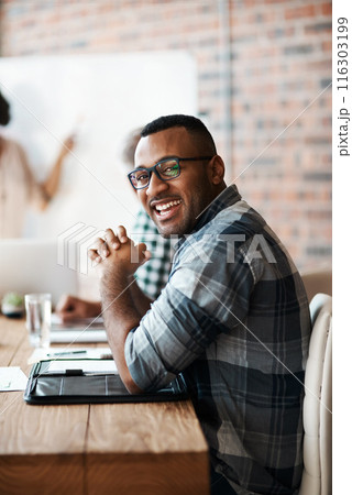 Portrait, meeting and happy man at creative presentation for project manager, planning and workshop. Confidence, conference room and designer at startup for growth, strategy or opportunity in office. 116303199