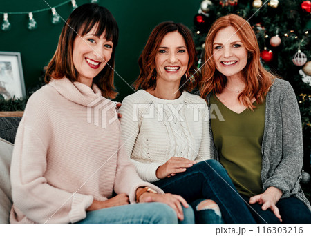 Portrait, Christmas and women on sofa for happiness, season and tradition in living room. Festive, holiday and female friends on couch for celebration, xmas tree and reunion for bonding in home Portrait, Christmas and women on sofa for happiness, season and tradition in living room. Festive, holiday and female friends on couch for celebration, xmas tree and reunion for bonding in home 116303216