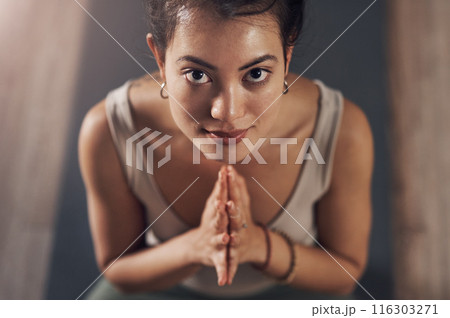 Hands, yoga and girl portrait top view on ground with mat for wellness, happiness and health. Chakra, self care and zen meditation, woman relaxed on floor for namaste exercise and pilates in studio 116303271