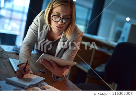 Business, planning and lawyer with tablet, night and writing for legal project, brainstorming and research. Woman, deadline and employee with pc, technology and notebook with idea for case notes 116303307