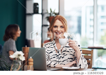 Woman, coffee and portrait with laptop in cafe for connection, career and internet in city. Technology, documents and online for networking with latte, email and research for remote work in France Woman, coffee and portrait with laptop in cafe for connection, career and internet in city. Technology, documents and online for networking with latte, email and research for remote work in France 116303320