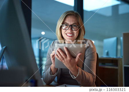 Woman, employee and happy with tablet in office for internet, online and research for ideas. Female person, smile and portrait in confidence for career or job opportunity, growth and proud as hr Woman, employee and happy with tablet in office for internet, online and research for ideas. Female person, smile and portrait in confidence for career or job opportunity, growth and proud as hr 116303321