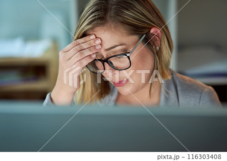 Frustrated woman, headache and night with stress in financial crisis, anxiety or burnout at office. Female person or business employee with migraine in depression, debt or working late for deadline Frustrated woman, headache and night with stress in financial crisis, anxiety or burnout at office. Female person or business employee with migraine in depression, debt or working late for deadline 116303408
