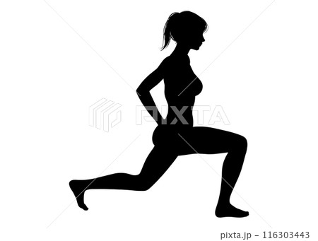 筋トレ ストレッチ スクワットをする女性のシルエット 全身横向き 横顔のイラスト 116303443
