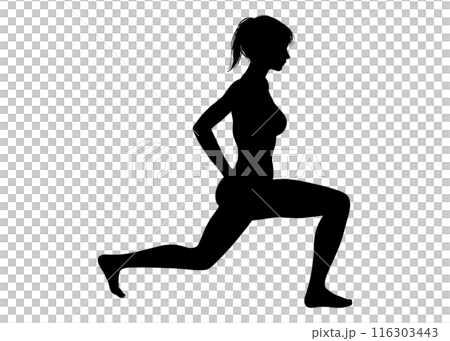 筋トレ ストレッチ スクワットをする女性のシルエット 全身横向き 横顔のイラスト 116303443