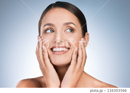 Happy woman, cosmetology and beauty in studio backdrop, satisfied with results for health in blue background. Female person, face and skincare, cosmetic and pride for glow, dermatology and wellness 116303566