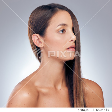 Woman, thinking and haircare in studio with results, treatment and idea for cosmetics. Female person, beauty and hairstyle by white background with glow, luxury and shampoo for shine and keratin Woman, thinking and haircare in studio with results, treatment and idea for cosmetics. Female person, beauty and hairstyle by white background with glow, luxury and shampoo for shine and keratin 116303615