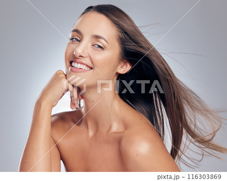 Woman, portrait and haircare in studio with wind, treatment and idea for cosmetics. Model girl, thinking and happy for hairstyle by white background with pride, luxury and shampoo for shine and glow Woman, portrait and haircare in studio with wind, treatment and idea for cosmetics. Model girl, thinking and happy for hairstyle by white background with pride, luxury and shampoo for shine and glow 116303869