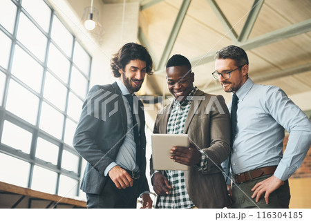 Business men, teamwork and planning on tablet for collaboration, research or results of startup investment. Professional manager, people or group reading on digital tech for sales or profit in office 116304185