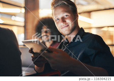 Portrait, tablet and employee with smile, night and research for deadline in office, online and finance. Boardroom, dark and man working late, auditor and collaboration for project, budget or company Portrait, tablet and employee with smile, night and research for deadline in office, online and finance. Boardroom, dark and man working late, auditor and collaboration for project, budget or company 116304215