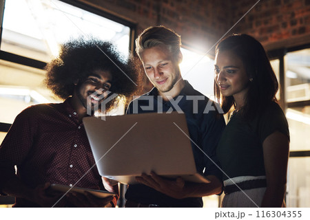 Colleagues, group and smile for reading, laptop and brainstorming in workspace and teamwork. Workplace, men and woman in office, planning and collaboration of project, auditor or startup of business 116304355