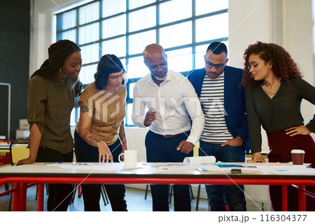 Business people, meeting and discussion for documents at startup for reading, thinking or listening to ideas. Men, women or group in collaboration, paperwork or project development at creative agency 116304377