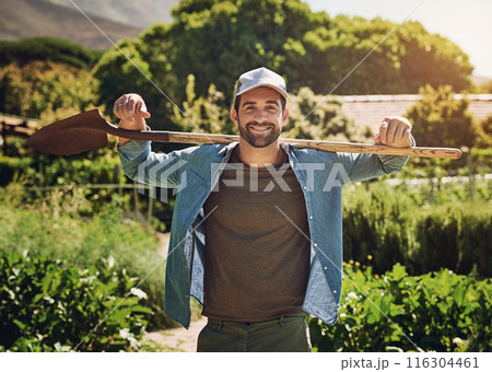 Farmer, man and agriculture with shovel and portrait, sustainability and vegetable cultivation for food. Organic, plant and nature for male person, soil and produce for agro and green plantation 116304461
