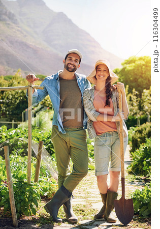 Portrait, farmer and happy couple at field for agriculture, growth or harvest vegetables with shovel in nature. Man, woman and work at garden farm together for plants or sustainability in countryside Portrait, farmer and happy couple at field for agriculture, growth or harvest vegetables with shovel in nature. Man, woman and work at garden farm together for plants or sustainability in countryside 116304499