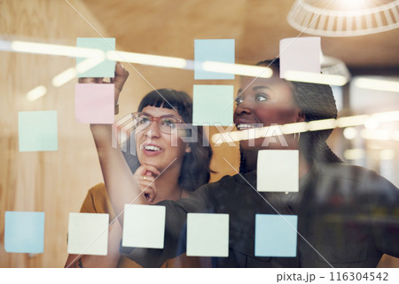 Women, partner and writing on glass at startup for brainstorming, ideas and planning in office. Employees, people and teamwork by moodboard with thinking, mindmap and sticky notes at creative agency Women, partner and writing on glass at startup for brainstorming, ideas and planning in office. Employees, people and teamwork by moodboard with thinking, mindmap and sticky notes at creative agency 116304542