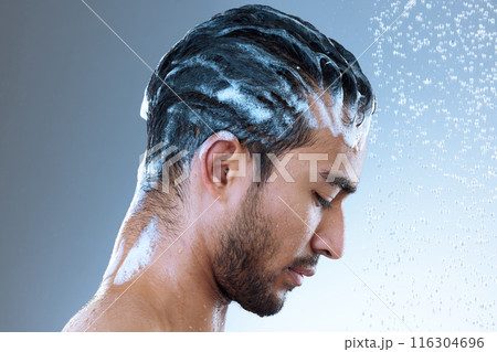 Studio, man and hair with shampoo, cleaning and routine of haircare, water drop and cosmetics for wellness. Gray background, grooming and cleaning of scalp, profile and person with soap and morning Studio, man and hair with shampoo, cleaning and routine of haircare, water drop and cosmetics for wellness. Gray background, grooming and cleaning of scalp, profile and person with soap and morning 116304696