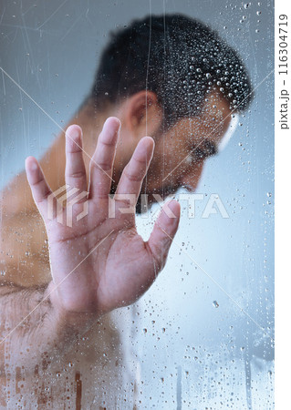 Man, shower and steam in studio for skincare, cosmetics and cleaning routine on gray background. Male person, profile and washing for pamper treatment or dermatology, grooming and hydration beauty 116304719