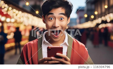 人物　男性　スマートフォン　スマホ　驚く　びっくり　表情 116304796