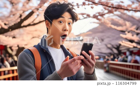 人物　男性　スマートフォン　スマホ　驚く　びっくり　表情 116304799