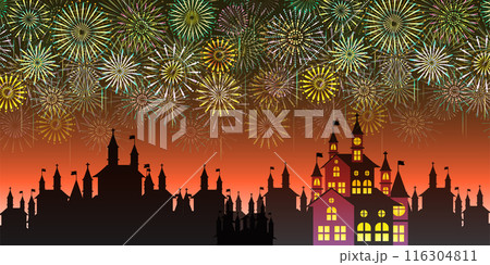 ハロウィン　秋　城　花火　背景 116304811