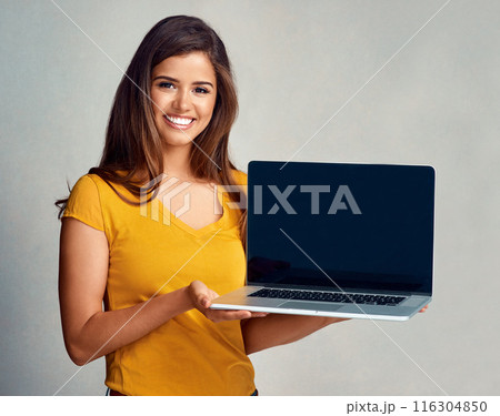 Woman, laptop and portrait for advertising, smile for promotion or isolated in white background. computer, mockup or marketing information online with technology, app and presentation in studio Woman, laptop and portrait for advertising, smile for promotion or isolated in white background. computer, mockup or marketing information online with technology, app and presentation in studio 116304850