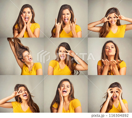 Goofy, collage and portrait of woman in studio with silly, joke and comic facial expression. Crazy, composite and female person from Canada with funny and comedy face for humor by gray background. 116304892