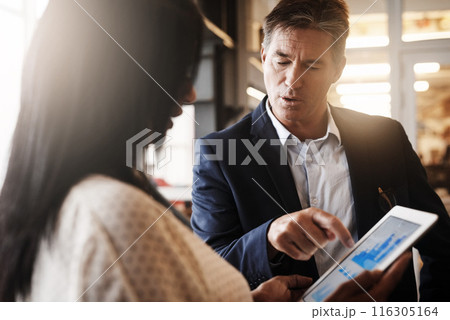 Business, people and office with statistics on tablet for teamwork, collaboration and discussion on company growth. Employee, accountant and conversation with feedback, report and financial statement Business, people and office with statistics on tablet for teamwork, collaboration and discussion on company growth. Employee, accountant and conversation with feedback, report and financial statement 116305164