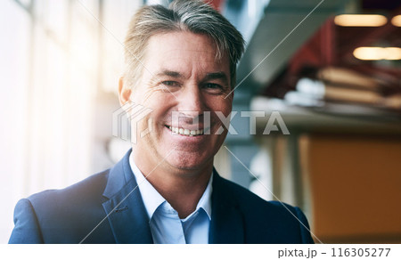 Mature man, business and happy on portrait in office as project manager for company progress. Entrepreneur, smile and satisfied or confident for career or job opportunity, growth and proud at work Mature man, business and happy on portrait in office as project manager for company progress. Entrepreneur, smile and satisfied or confident for career or job opportunity, growth and proud at work 116305277