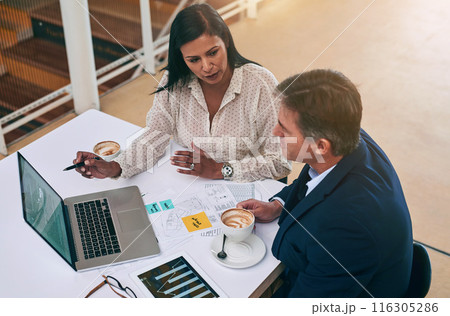 Laptop, documents and business people with meeting at desk for investment, budget or feedback. Top view, employees and tech with paperwork in office for financial report, solution or review of growth 116305286