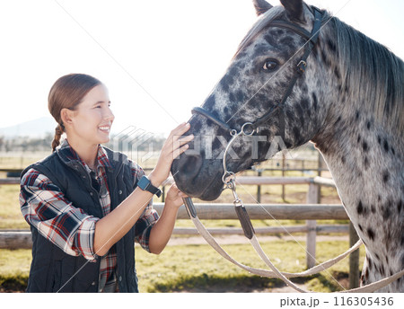 Happy, woman and petting horse in nature for care, adventure and freedom on ranch. Equestrian, female person and young farmer with animal and smile for training and pet health in countryside of Texas 116305436
