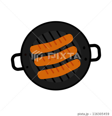 Fried sausages in a grill pan in trendy shades Top view. Icon sticker, logo or promo design concept 116305459