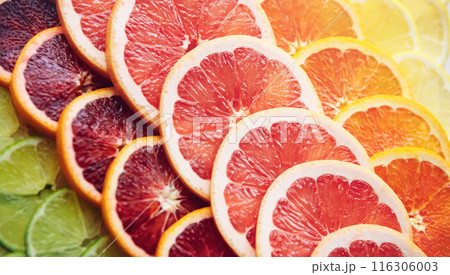 Orange, color and citrus for breakfast, vitamin c and nutrition for wellness, diet and different. Empty, pattern fruit and season with food, healthy and salad with vegetarian ingredients and vegan 116306003