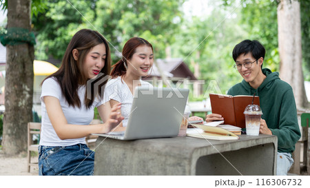 A group of positive Asian college students is working on a co-project together at a table in a park. 116306732