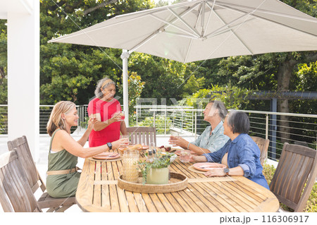 Diverse senior female friends enjoying meal outdoors, one standing 116306917