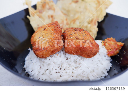 rice, sambal and nuggets rice, sambal and nuggets 116307189