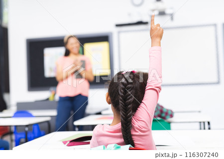 In school, in classroom, biracial young woman teaching, young girl raising hand 116307240