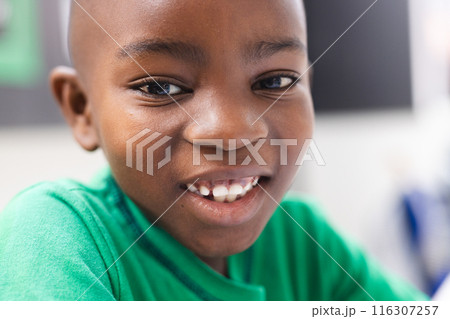 In school, young African American boy is smiling at camera in the classroom In school, young African American boy is smiling at camera in the classroom 116307257