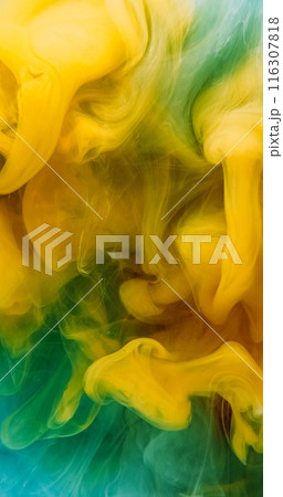 Glitter smog. Steam background. Mystical ink mist yellow green blue paint vapor shimmering hypnotic mix creative abstract sparkling art. 116307818