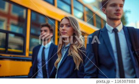 Students come together in a familiar classroom setting, engaging in conversations 116307888