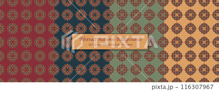 Set of abstract seamless pattern, circle geometric shapes of autumn fallen leaves colors, editable stroke backgrounds 116307967