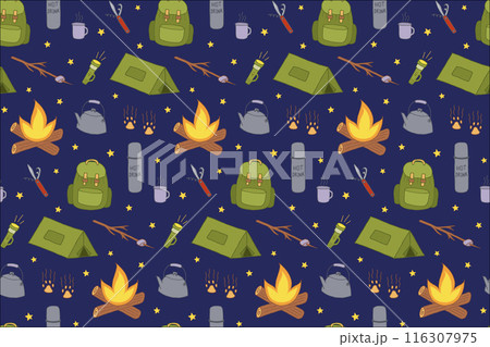 Vector Picnic Seamless Pattern. Backpacking and Hiking Doodle Wallpaper. Local Tourism and Camping 116307975