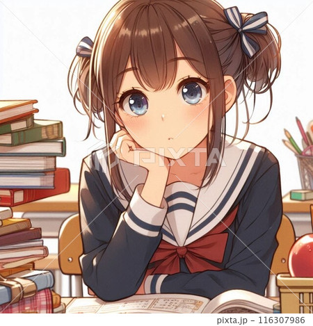 机に向かって勉強を頑張る制服姿の女の子 116307986