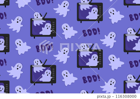 Halloween Ghosts Flying out of a TV. Vector Seamless Pattern. Boo Text. Flat Cartoon style. Blue and Violet Background Halloween Ghosts Flying out of a TV. Vector Seamless Pattern. Boo Text. Flat Cartoon style. Blue and Violet Background 116308000