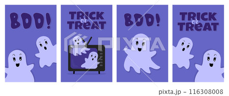 Set of Halloween Vector Posters. Cute Halloween Ghosts Flying out of a TV. Greeting Card or Invitation. Flat style 116308008