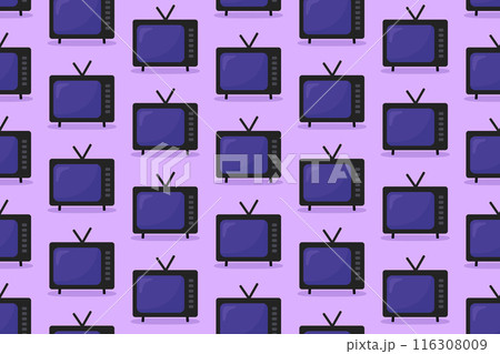 Analogue Retro TV with Antenna Seamless Pattern. Vector Purple Background with Television. Flat design, Cartoon style 116308009